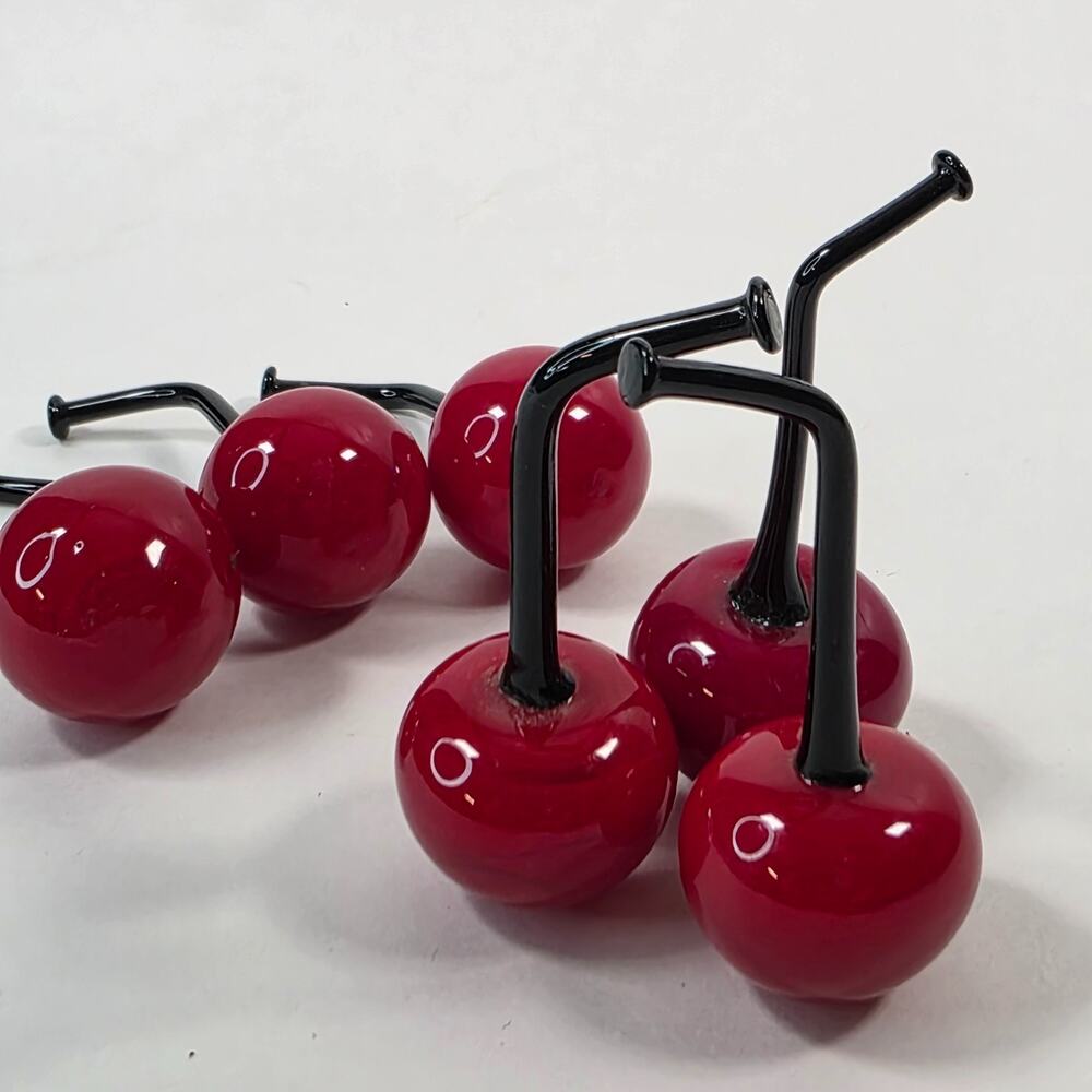6 Gorgeous 2.3" Dark Red Art Glass Cherries w/Black Stems Handmade